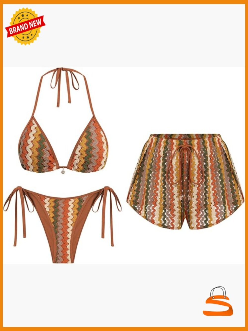 3 Piece Bikini Set with Shorts Halter Top High Rise Bottom